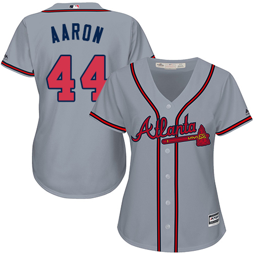 Braves #44 Hank Aaron Grey Road Women's Stitched MLB Jersey - Click Image to Close